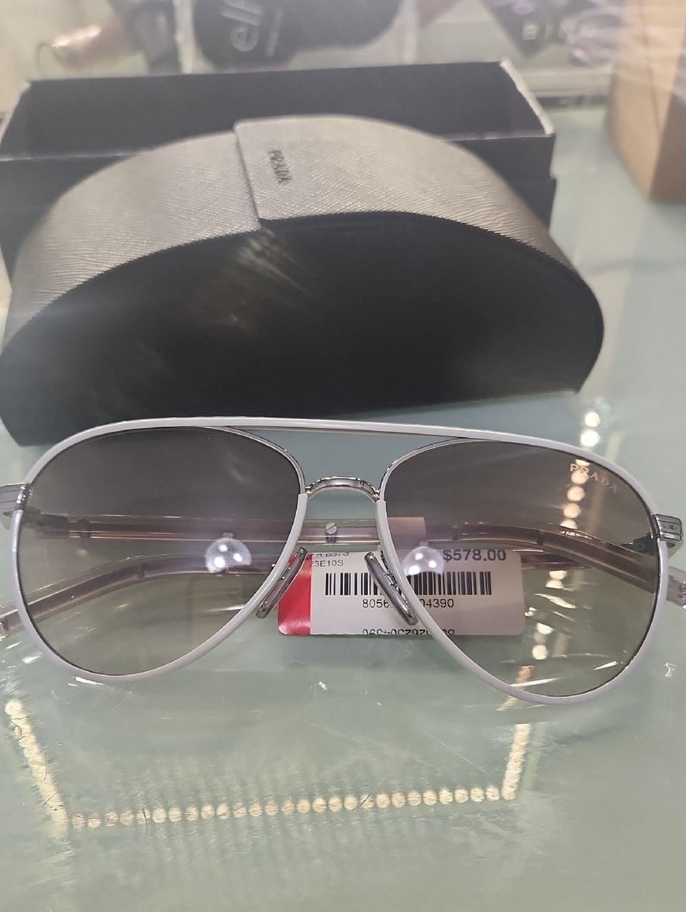 Prada White and Silver Aviator Sunglasses with Gradient Gray Lenses